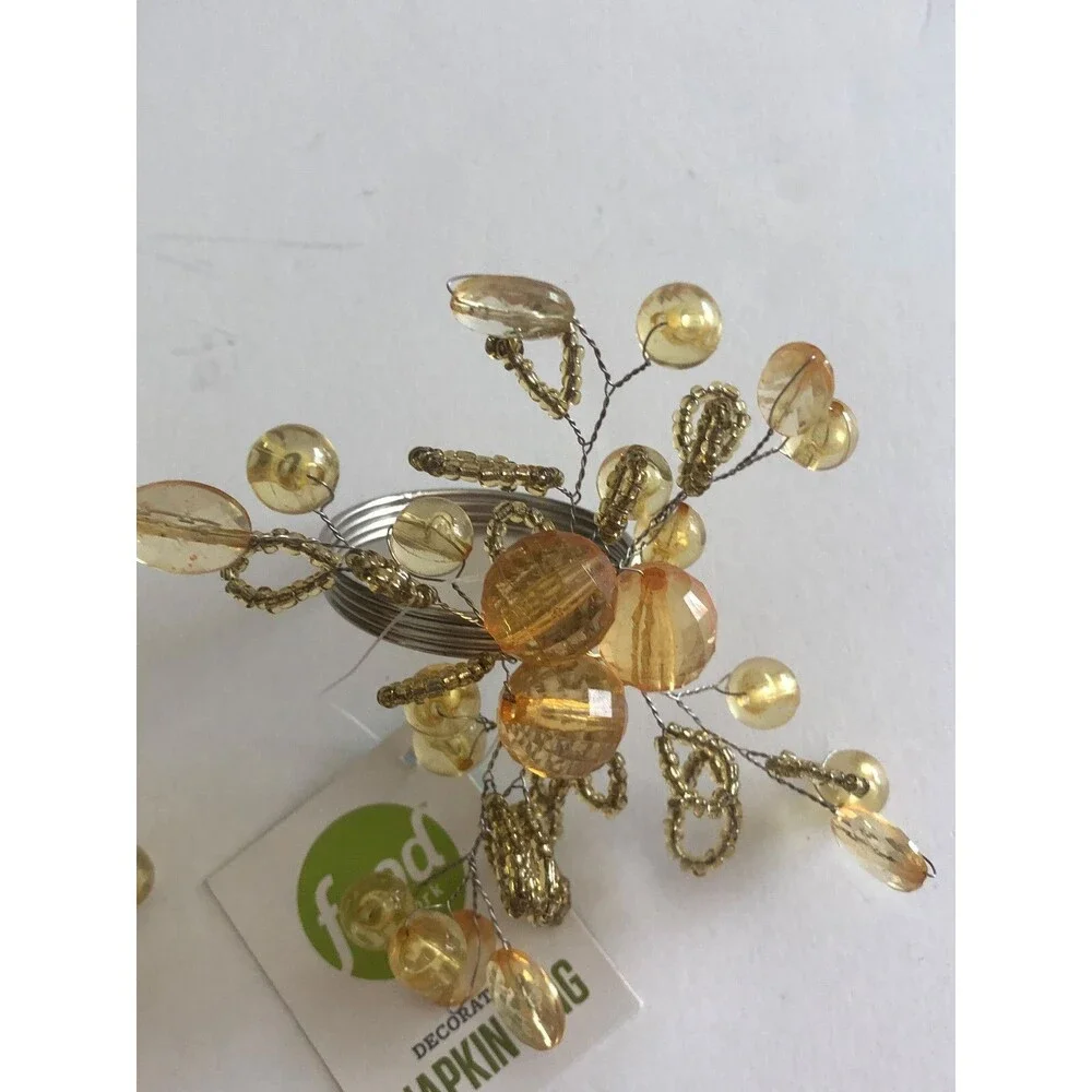 Food Network Napkin Rings Set Of 2 Thanksgiving Amber Gold Beaded Spray Silver